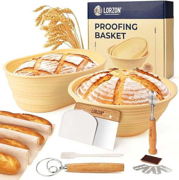 Cesto de Fermentação de Pão Artesanal Sourdough (2 Bannetons em Rattan + Lame de Corte + Raspador)