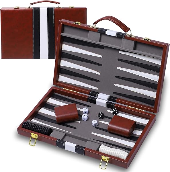 Mala de Gamão Clássico (Backgammon) de 38 cm em Pele Vegana Costurada com Interior em Feltro e Dados