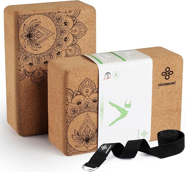 Bloco de Yoga em Cortiça Portuguesa 100% Maciça (Par de 2 Blocos de Alta Densidade + Cinto de Alongamento)