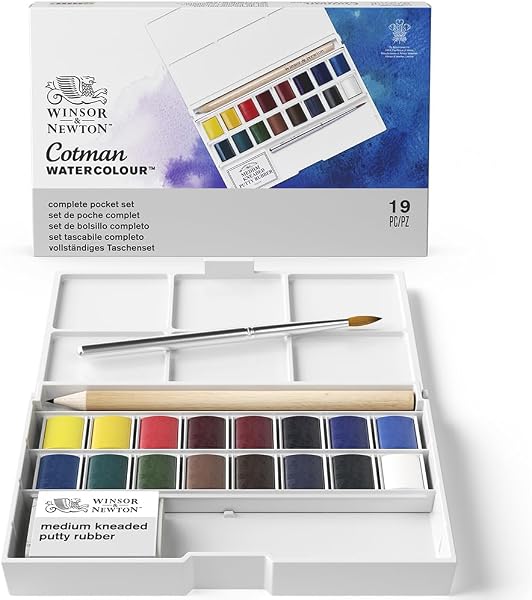 Caixa de Aguarelas Profissionais Winsor & Newton Cotman Sketchers' Pocket Box (12 Meias-Godés + Pincel)