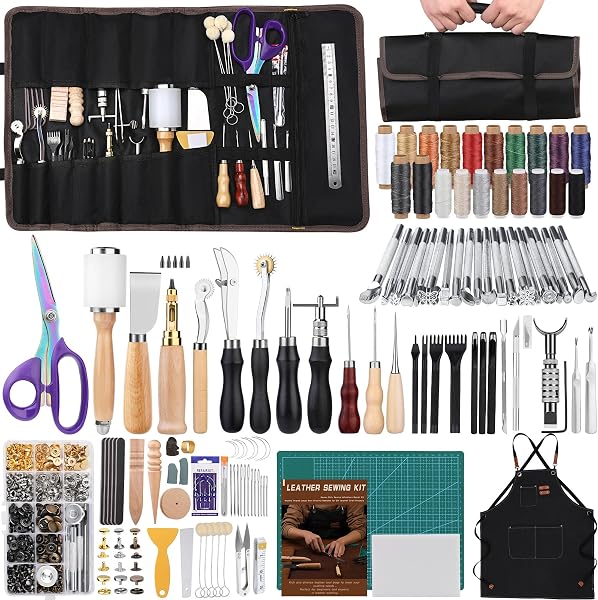 Kit de Trabalhos em Couro e Marroquinaria Artesanal (Punções, Linha Encerada, Brunidor de Madeira e Ferramentas)